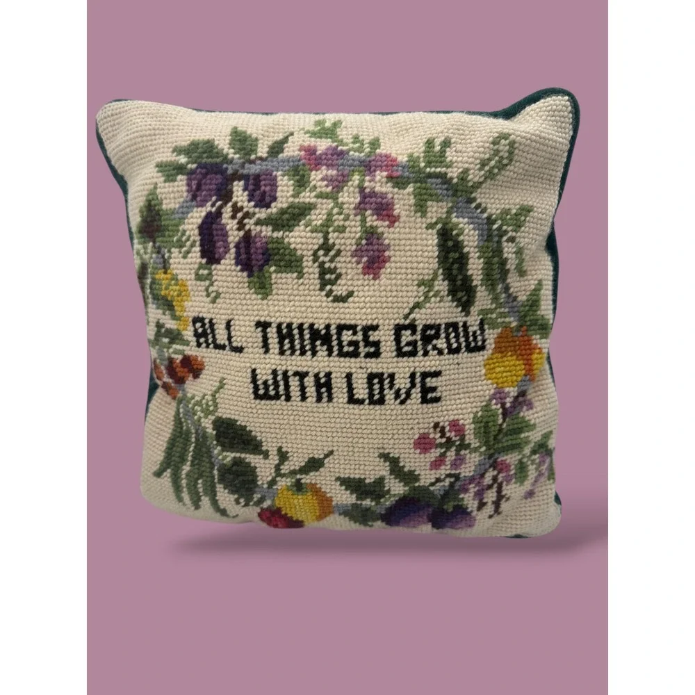 Vintage Needlepoint Floral Pillow All Things Grow With Love Green Velvet 9x9